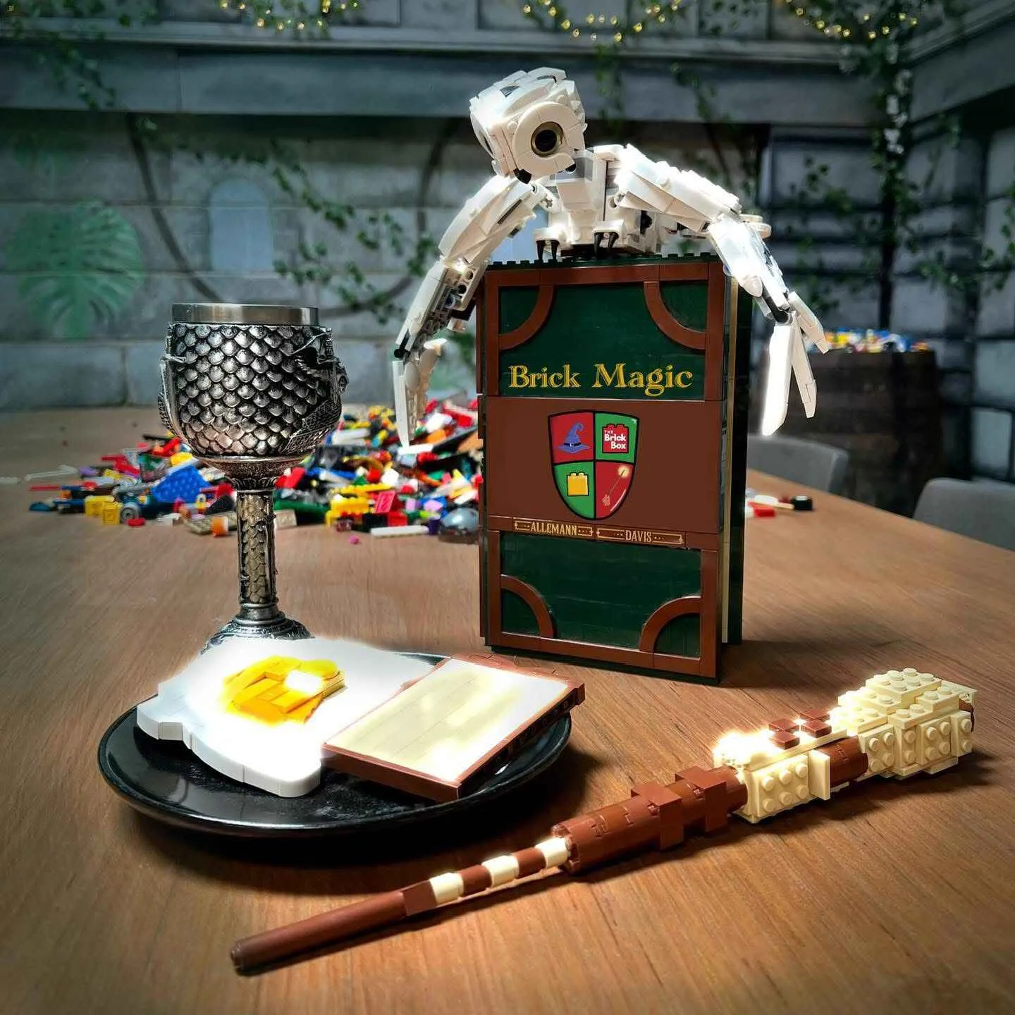 Lego owl, brick and wand